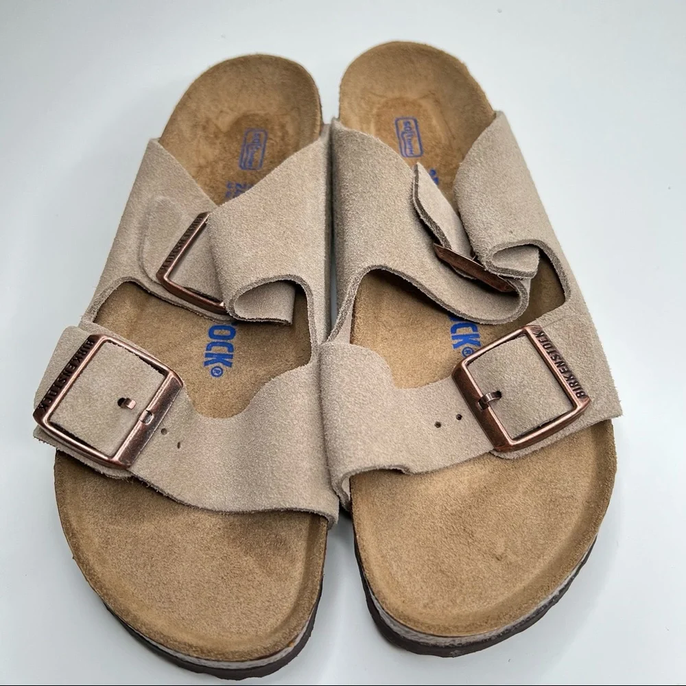NEW BIRKENSTOCK Arizona Soft Slide Sandal Taupe Suede Size 37 EU 6 - 6.5… narrow_3